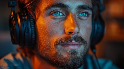 A focused man with blue eyes and a beard is wearing headphones and recording his voice at a microphone in a modern studio, showcasing his concentration and creativity.
