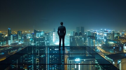Obraz na płótnie Canvas Businessman standing at transparent glass floor on rooftop with night Smart city panoramic view Business success with smart technology concept : Generative AI