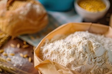 Freshly ground flour in a bowl with bread and wheat on a wooden kitchen counter, perfect for baking and culinary themes.