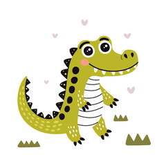 Cute happy little crocodile. Smiling cartoon animal, hearts and grass isolated on white background. Flat vector illustration.