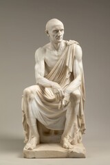 Marble sculpture of seated man, realistic anatomy and cloth draping.