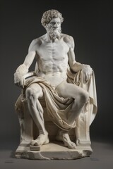 Marble sculpture of seated man with intricate anatomy and draped cloth.