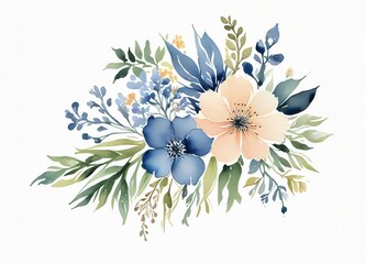 A watercolor painting of blue and peach flowers and leaves