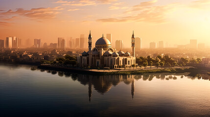 Naklejka premium A city with a large mosque in the center.