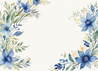  A watercolor painting of blue flowers and leaves for greeting card