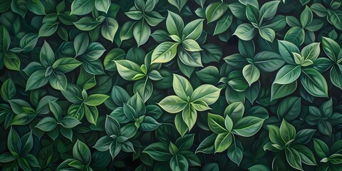 Fototapeta premium Contemporary Oil Painting Featuring Intricately Detailed Green Leaves with a 3D Effect. Concept Oil Painting, Contemporary Art, Green Leaves, Detailed Artwork, 3D Effect