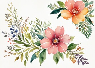 A watercolor painting of two multi-colors flowers and leaves