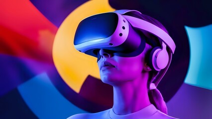 a woman wearing a virtual reality headset is wearing a virtual virtual reality headset
