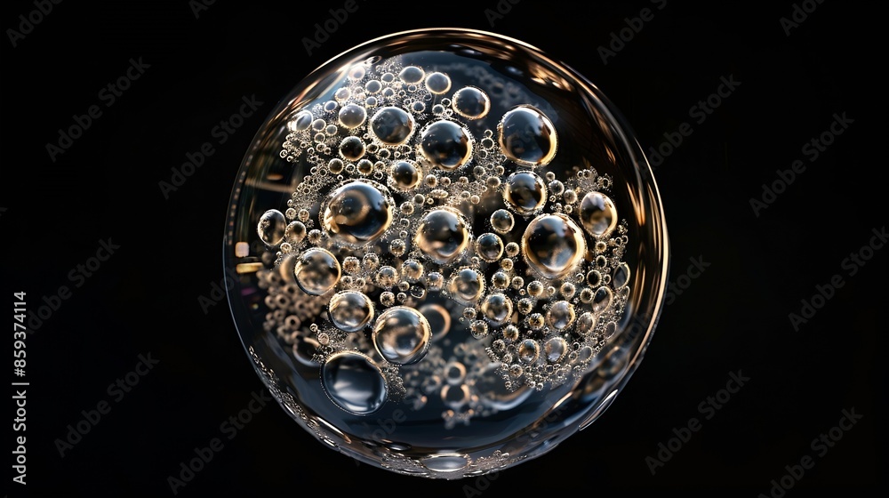Poster Bubble texture isolated on black background for compositing Closeup photo : Generative AI