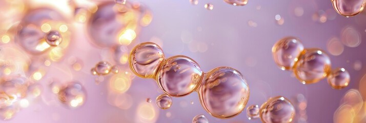 Fototapeta premium Shiny golden droplets of serum float in midair against a soft pastel purple background, creating a luxurious and ethereal aesthetic