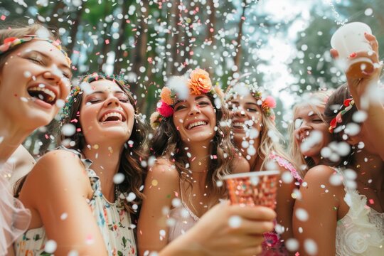 Joyous bridal shower celebration with confetti and laughter