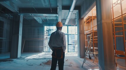 Fototapeta premium Senior professional caucasian white male real estate foreman inspecting inside the building construction foreman checking the under construction building Caucasian male engineer inspec : Generative AI