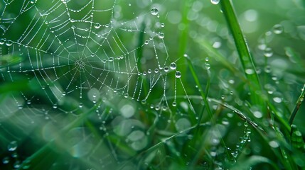 Macro spiders web covered in large rain drops after an afternoon rain shower with a blurred background of green grass : Generative AI