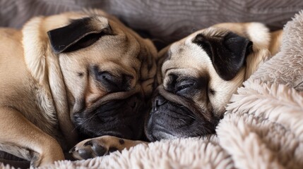 Obraz premium Two Pugs Snuggling Together.