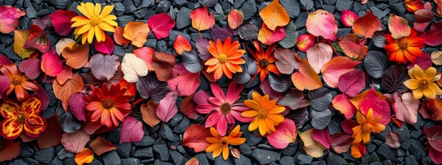 Fototapeta premium Overhead shot of a floral pattern made with various flower petals on the ground