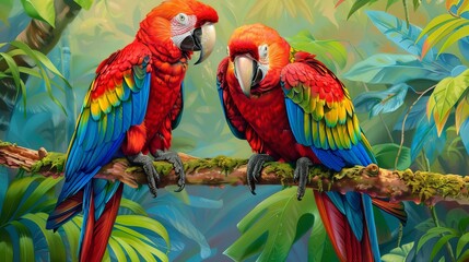 Two Macaws on a Branch in a Tropical Rainforest.