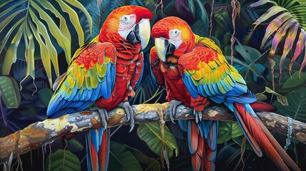 Obraz premium Two Macaws Perched on a Branch in a Jungle Setting.