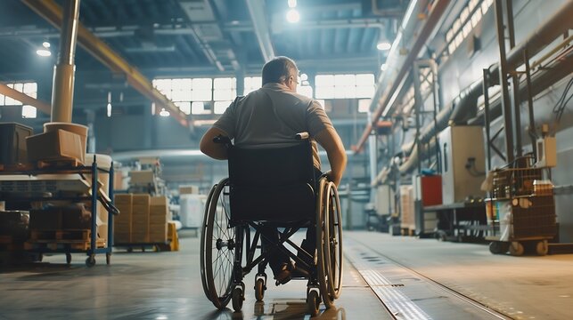 Portrait of man in wheelchair working in modern industrial factory in adjustable workstation Concept of workers with disabilities accessible workplace for employees with mobility impai : Generative AI