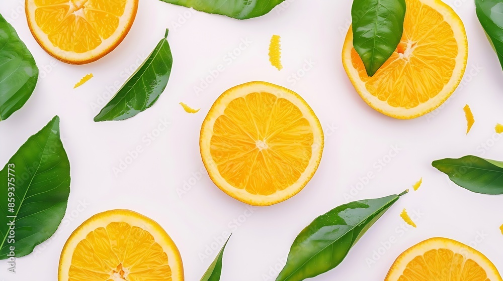 Aufkleber Orange slice isolate Orange fruit slices with leaves on white background Orang with clipping path Full depth of field Perfect not AI orange fruit true photo : Generative AI