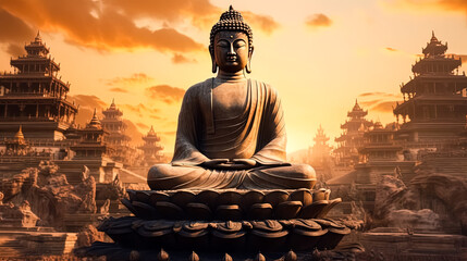 Fototapeta premium A statue of Buddha sits on a lotus flower in front of a mountain range.