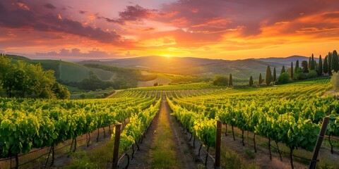 Naklejka premium Golden Hour Glow Tuscan Vineyard with Grapevines in Italy. Concept Golden Hour, Tuscan Vineyard, Grapevines, Italy, Photography