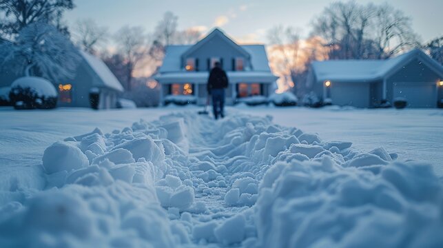 A person making their way through a heavily snow-covered path leading to a cozy home in a peaceful suburban neighborhood during a tranquil winter evening.