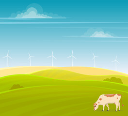 Domestic farm animal. A cow grazes in a meadow. Rural hills. Scenery.