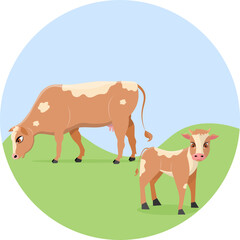 Domestic farm animal. Cow and calf in the meadow. Rural hills. Scenery.
