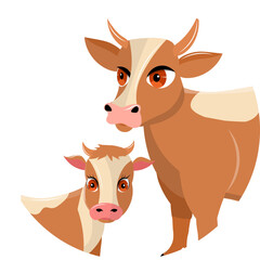 Domestic farm animal. Cow and calf portrait in a circle.