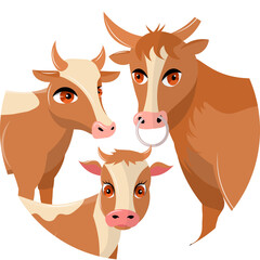 Domestic farm animal. Cow, bull and calf. Family portrait in a circle.