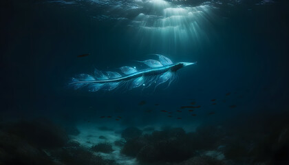 Fototapeta premium Ethereal Creature Underwater: Majestic and Mysterious Deep-Sea Scene
