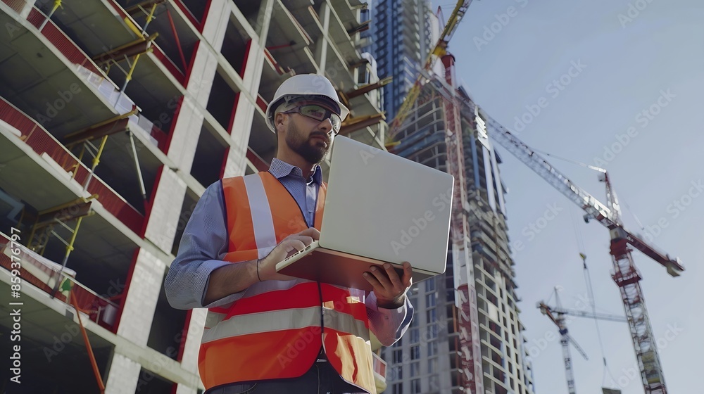 Poster foreman engineer or architect with safety helmet holding laptop and blueprints for inspection detail