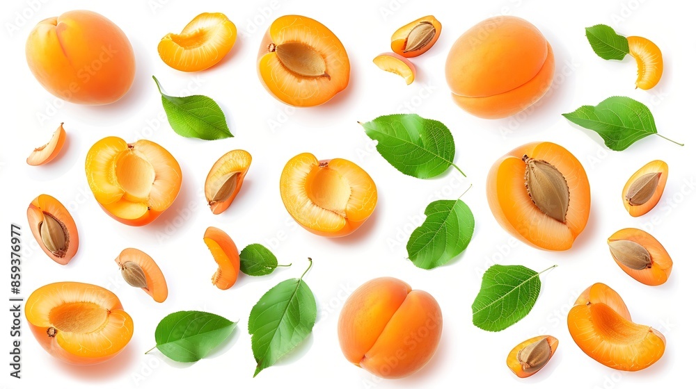 Poster collection of raw apricot fruits with pieces leaves and kernel isolated on white background : genera