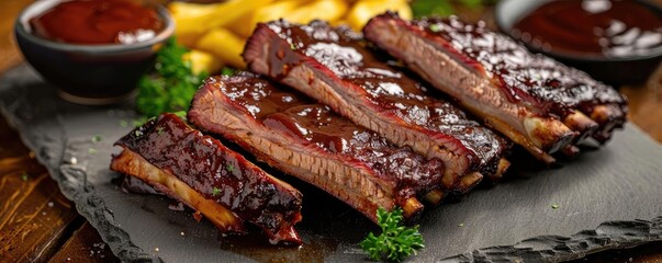 Deliciously cooked BBQ rib slices served on a slate plate with a side of crispy fries and dipping sauce, garnished with fresh parsley.
