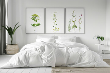 A modern white bedroom with clean lines, minimal decor, and large botanical posters above the bed.