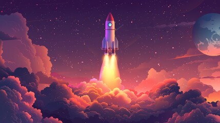 Fototapeta premium A stylized illustration of a rocket ship blasting off into space, symbolizing business success and reaching new heights of achievement.
