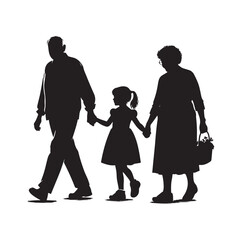 grandparents walking with granddaughter vector silhouette Illustration