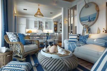 A nautical-themed living room with blue and white color scheme, coastal decor, and seashell accents.