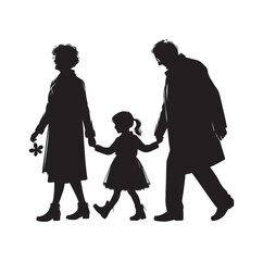 grandparents walking with granddaughter vector silhouette Illustration
