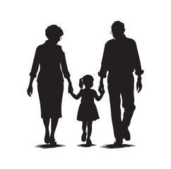 grandparents walking with granddaughter vector silhouette Illustration