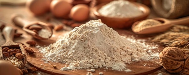 Close-up of a pile of flour on a wooden board with eggs and baking ingredients in the background, ready for baking.