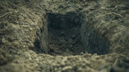 Freshly dug grave. AI generated.