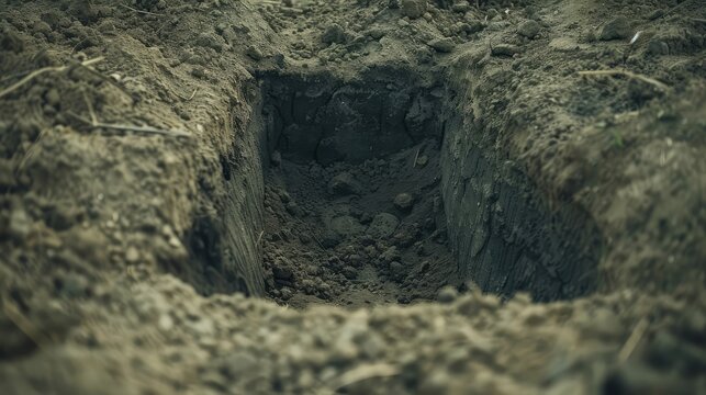 Freshly dug grave. AI generated.
