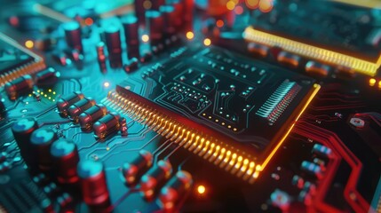 Obraz premium Close-up of electronic chips with light. Electronic circuit board. AI generated.