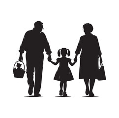 grandparents walking with granddaughter vector silhouette Illustration