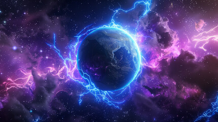 Obraz premium Earth with Colorful Energy Waves in Outer Space
