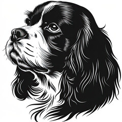 A black and white drawing of a Cavalier King Charles Spaniel dog