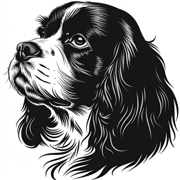 A black and white drawing of a Cavalier King Charles Spaniel dog