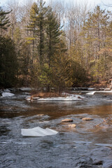 Looking upriver from the bridge at the Pike River and small island at Dave's Falls County Park, Amberg, Wisconsin in mid-March