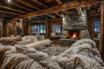 A rustic living room featuring wooden beams, a stone fireplace, and cozy seating with fluffy throw blankets.
